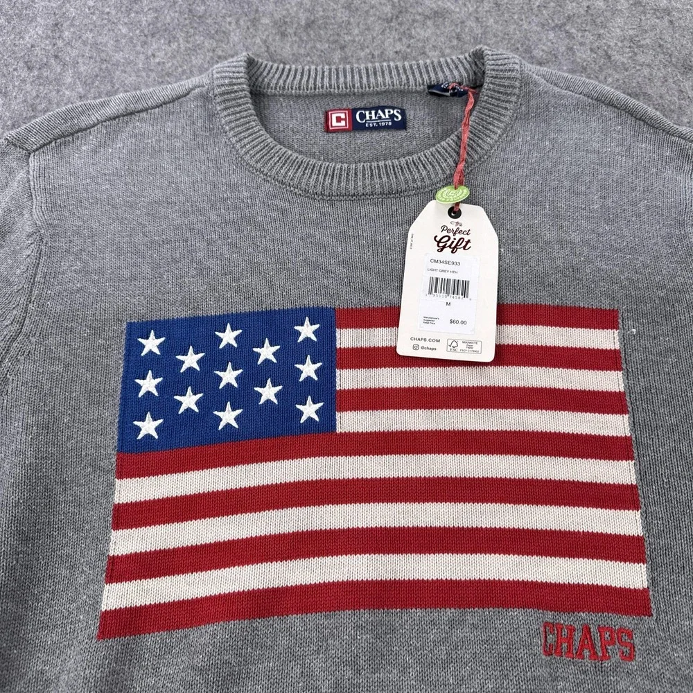 Chaps Sweater Mens Medium Gray USA Flag Crewneck Knit Pullover Patriotic NWT